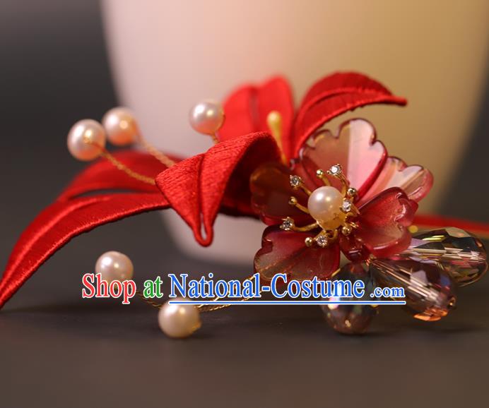 Traditional Chinese Handmade Red Silk Flower Hairpin Headdress Ancient Hanfu Hair Accessories for Women