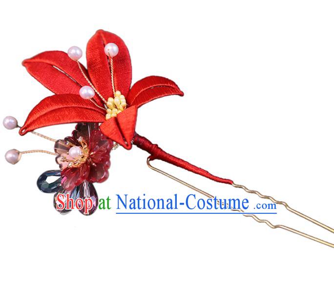 Traditional Chinese Handmade Red Silk Flower Hairpin Headdress Ancient Hanfu Hair Accessories for Women