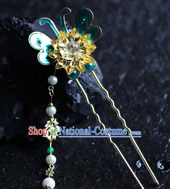 Traditional Chinese Handmade Blue Butterfly Tassel Hairpins Headdress Ancient Hanfu Hair Accessories for Women