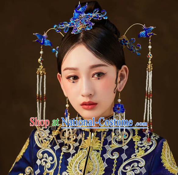 Traditional Chinese Cloisonne Crane Hair Crown Hairpins Headdress Ancient Wedding Hair Accessories for Women