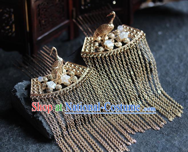 Traditional Chinese Handmade Golden Tassel Hair Combs Headdress Ancient Hanfu Hair Accessories for Women