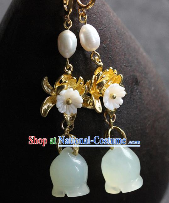 Traditional Chinese Handmade Jade Magnolia Earrings Ancient Hanfu Ear Accessories for Women