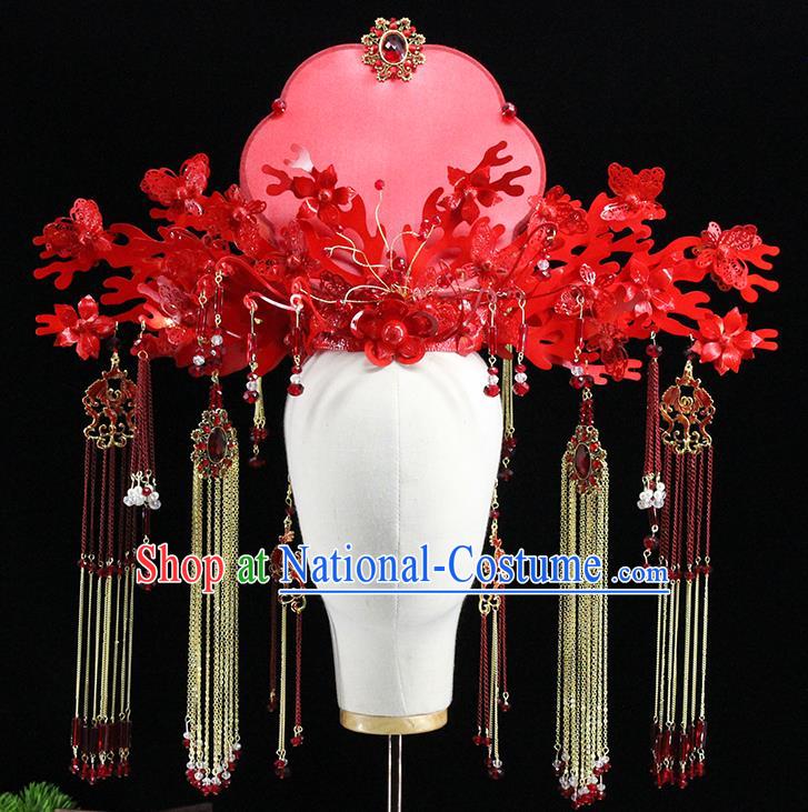 Traditional Chinese Wedding Red Phoenix Coronet Tassel Hairpins Headdress Ancient Bride Hair Accessories for Women