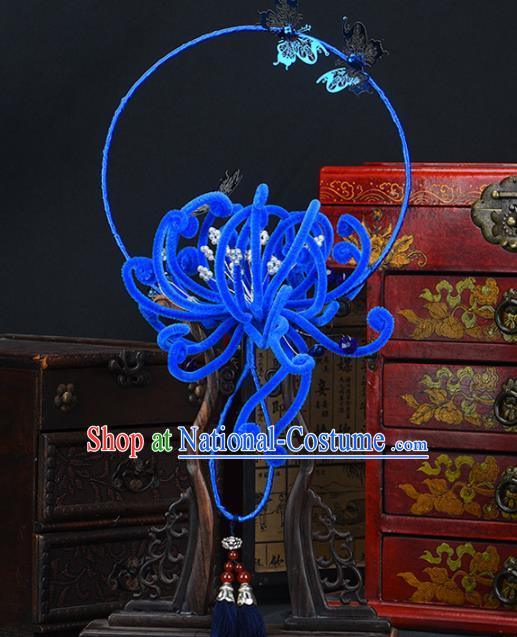 Traditional Chinese Handmade Blue Velvet Chrysanthemum Round Fans Ancient Hanfu Wedding Palace Fan for Women