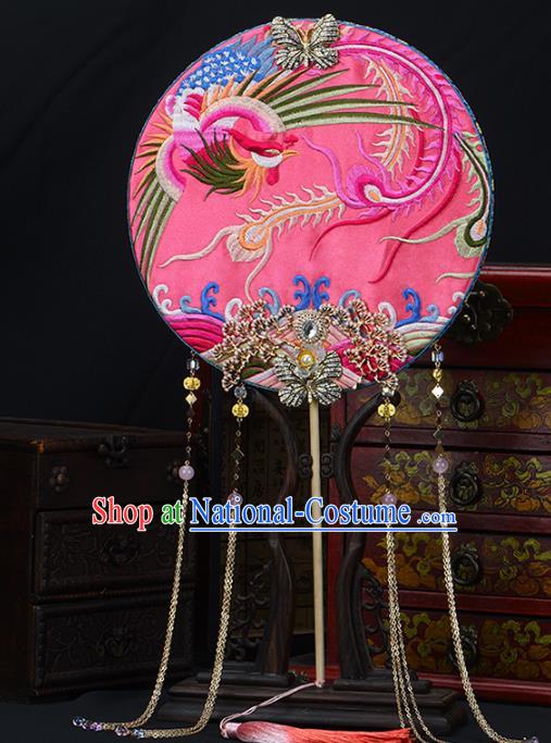 Traditional Chinese Handmade Pink Phoenix Round Fans Ancient Hanfu Wedding Palace Fan for Women