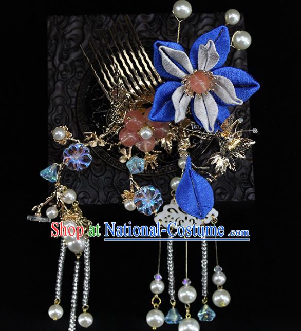 Traditional Chinese Handmade Blue Flowers Tassel Hair Comb Headdress Ancient Hanfu Hair Accessories for Women