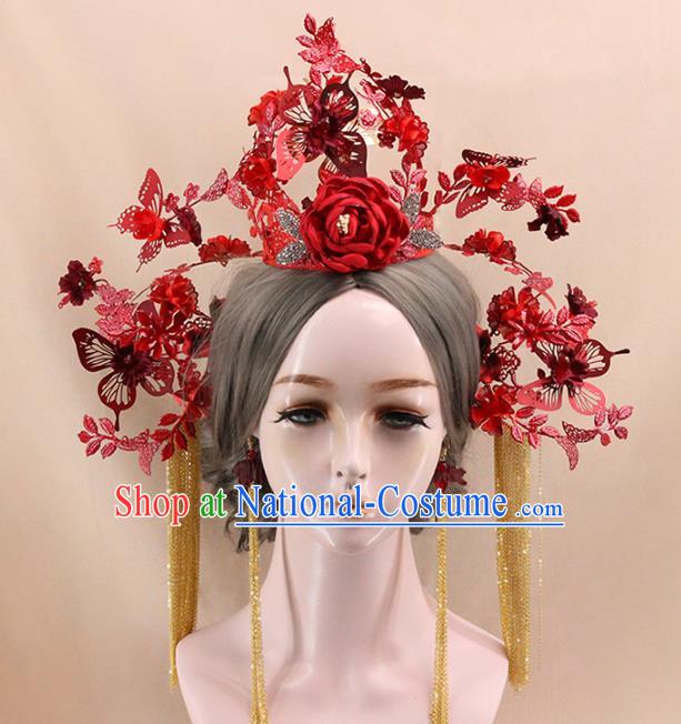 Traditional Chinese Red Rose Phoenix Coronet Hairpins Headdress Ancient Wedding Hair Accessories for Women