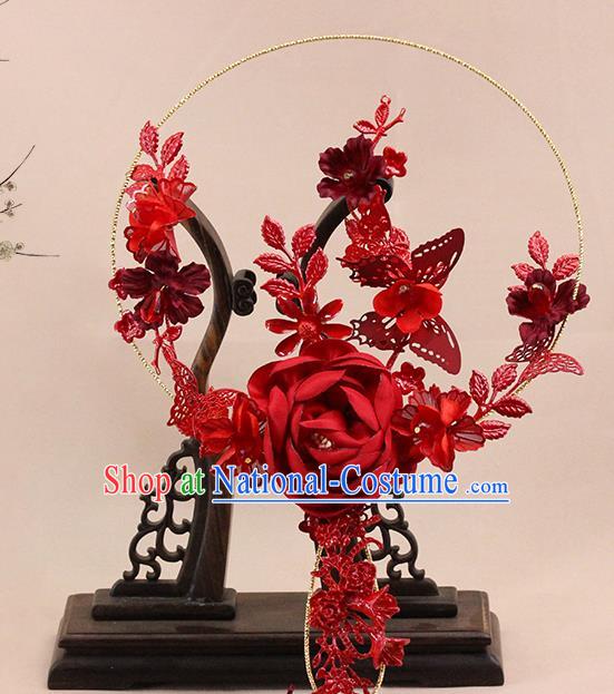 Traditional Chinese Handmade Red Rose Round Fans Ancient Hanfu Wedding Palace Fan for Women