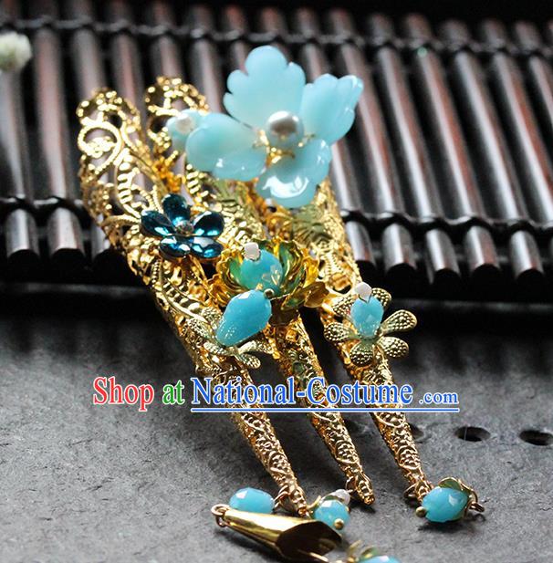 Traditional Chinese Qing Dynasty Blue Flower Nail Wraps Ancient Court Queen Handmade Finger Accessories for Women