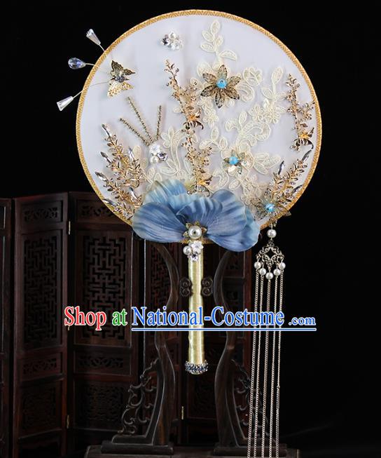 Traditional Chinese Handmade Blue Phalaenopsis Round Fans Ancient Hanfu Wedding Palace Fan for Women