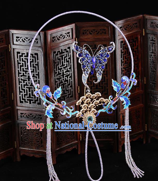 Traditional Chinese Handmade Blue Crystal Butterfly Round Fans Ancient Hanfu Wedding Palace Fan for Women