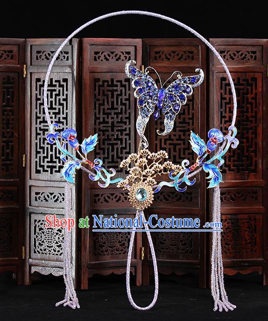 Traditional Chinese Handmade Blue Crystal Butterfly Round Fans Ancient Hanfu Wedding Palace Fan for Women