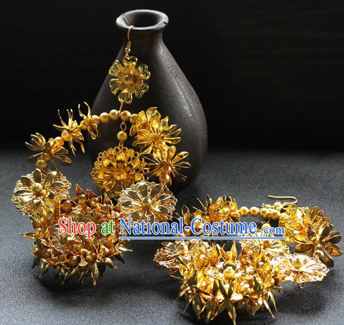 Traditional Chinese Handmade Golden Large Earrings Ancient Hanfu Ear Accessories for Women