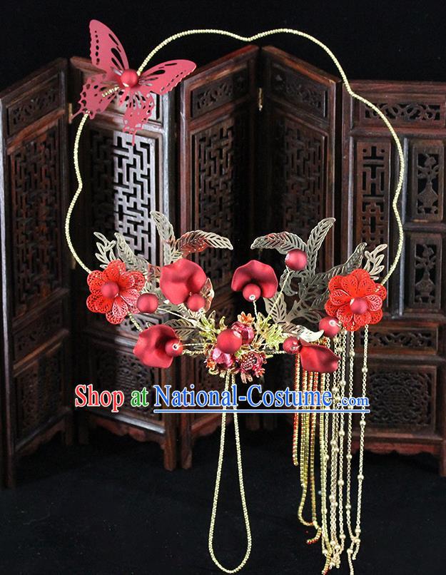 Traditional Chinese Handmade Red Butterfly Flower Fans Ancient Hanfu Wedding Palace Fan for Women