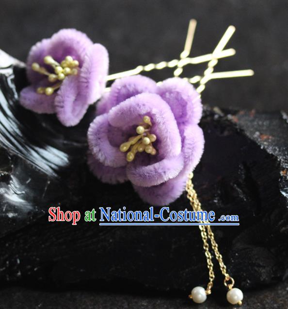 Traditional Chinese Purple Velvet Plum Tassel Hairpins Headdress Ancient Wedding Hair Accessories for Women