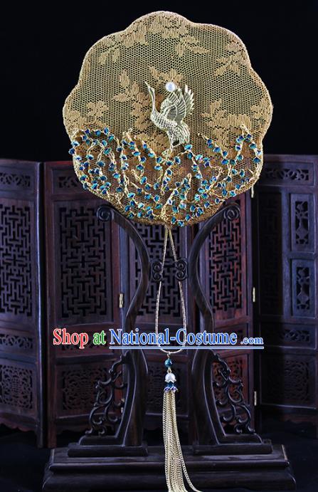 Traditional Chinese Handmade Golden Crane Silk Fans Ancient Hanfu Wedding Palace Fan for Women