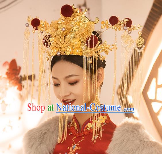 Traditional Chinese Golden Butterfly Phoenix Coronet Hairpins Headdress Ancient Wedding Hair Accessories for Women