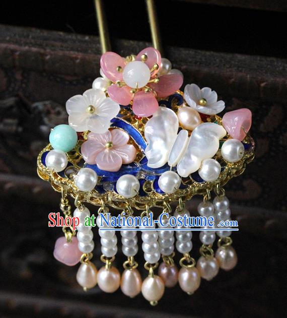 Traditional Chinese Handmade Shell Butterfly Pearls Hairpins Headdress Ancient Hanfu Hair Accessories for Women