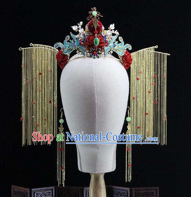 Traditional Chinese Red Jade Phoenix Coronet Hairpins Headdress Ancient Wedding Hair Accessories for Women