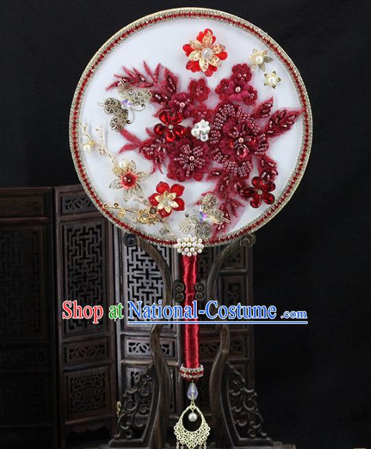 Traditional Chinese Handmade Red Flowers Round Fans Ancient Hanfu Wedding Palace Fan for Women