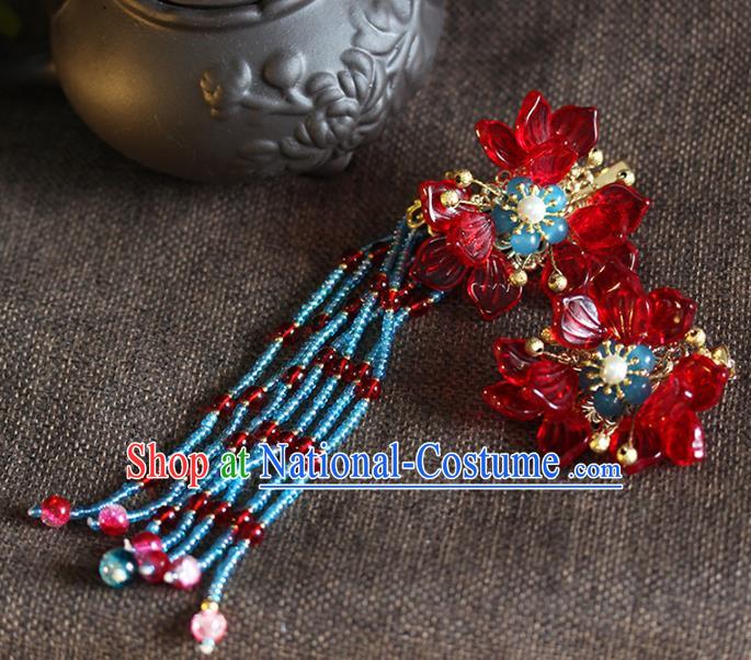 Traditional Chinese Handmade Red Flowers Hair Claws Headdress Ancient Hanfu Hair Accessories for Women