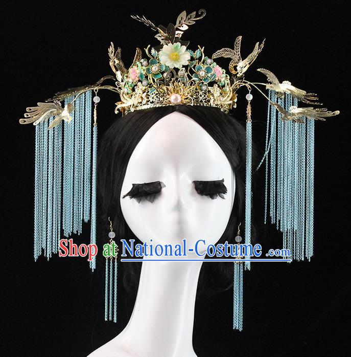 Traditional Chinese Wedding Deluxe Blue Tassel Phoenix Coronet Hairpins Headdress Ancient Hair Accessories for Women