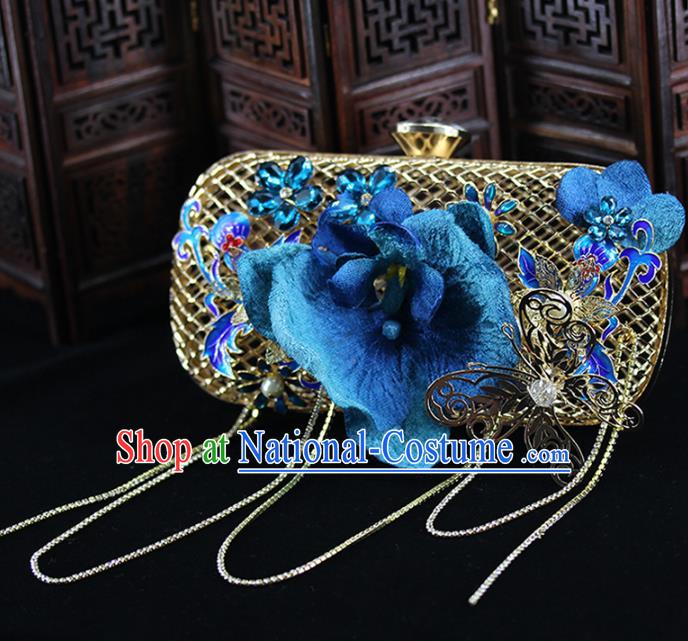 Traditional Chinese Blue Flower Handbag Handmade Wedding Bag Accessories for Women