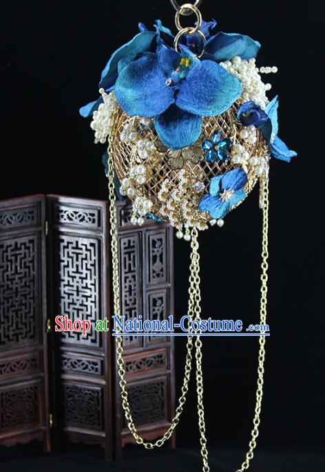 Traditional Chinese Blue Phalaenopsis Handbag Handmade Wedding Bag Accessories for Women