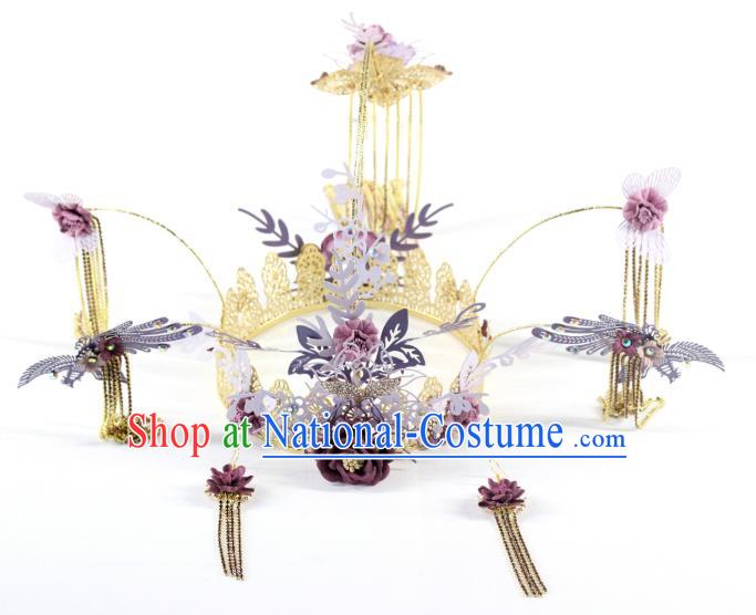 Traditional Chinese Wedding Purple Flowers Hair Crown Hairpins Headdress Ancient Hair Accessories for Women