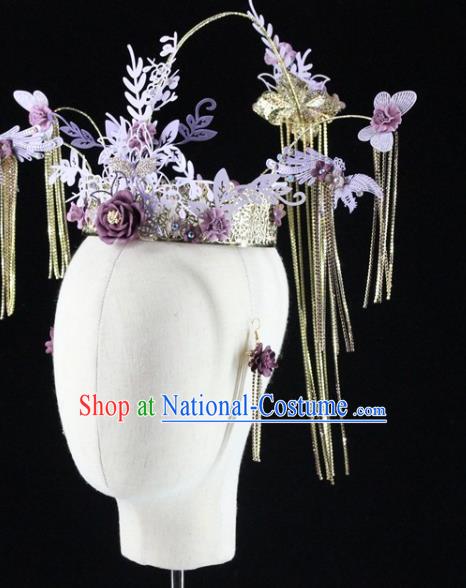 Traditional Chinese Wedding Purple Flowers Hair Crown Hairpins Headdress Ancient Hair Accessories for Women