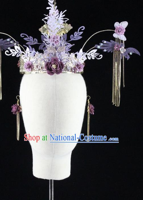 Traditional Chinese Wedding Purple Flowers Hair Crown Hairpins Headdress Ancient Hair Accessories for Women