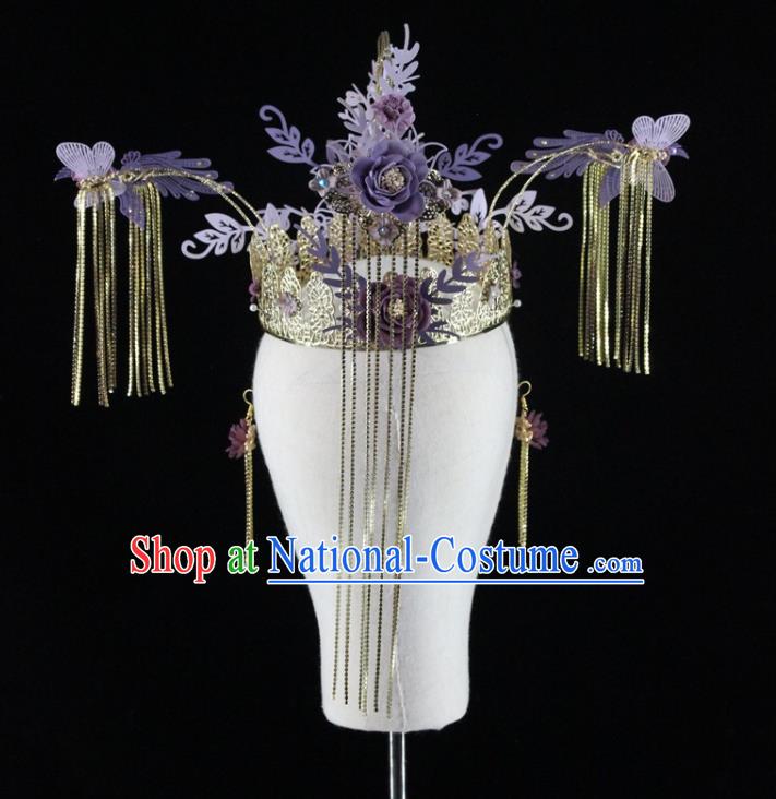 Traditional Chinese Wedding Purple Flowers Hair Crown Hairpins Headdress Ancient Hair Accessories for Women