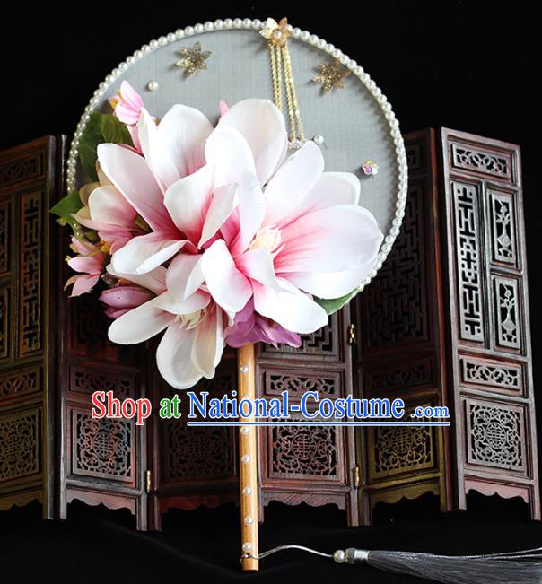 Traditional Chinese Pink Magnolia Round Fans Ancient Hanfu Wedding Palace Fan for Women