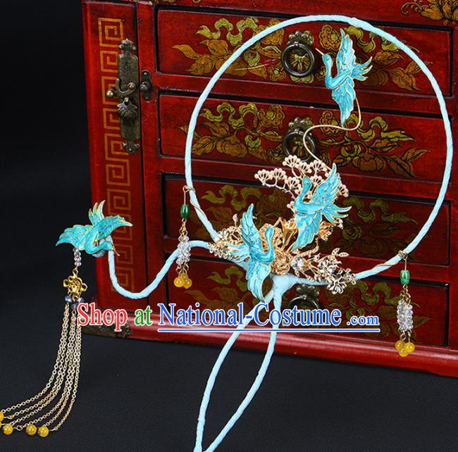 Traditional Chinese Handmade Cloisonne Crane Round Fans Ancient Hanfu Wedding Palace Fan for Women