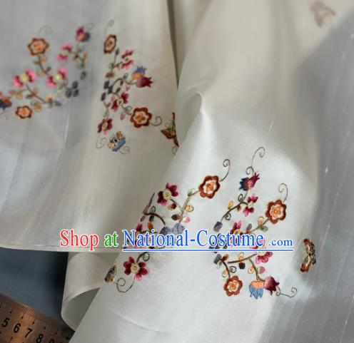 Chinese Traditional Embroidered Flowers Pattern Design White Silk Fabric Asian Hanfu Material