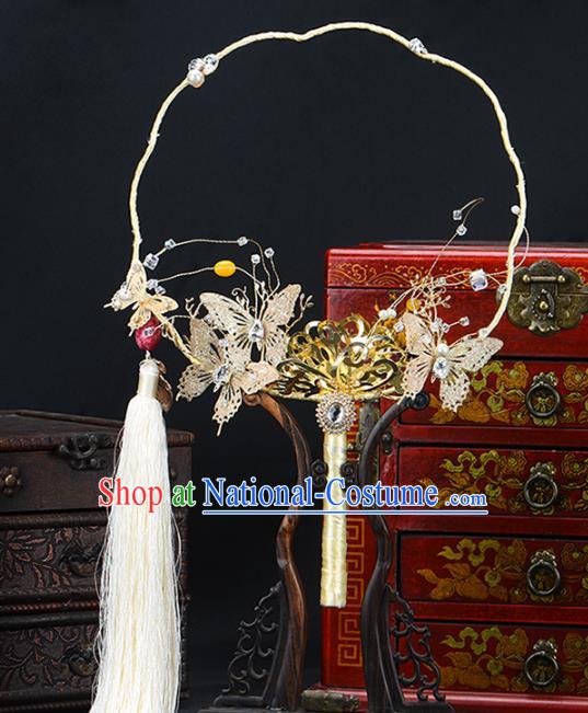 Traditional Chinese Handmade Golden Butterfly Round Fans Ancient Hanfu Wedding Palace Fan for Women