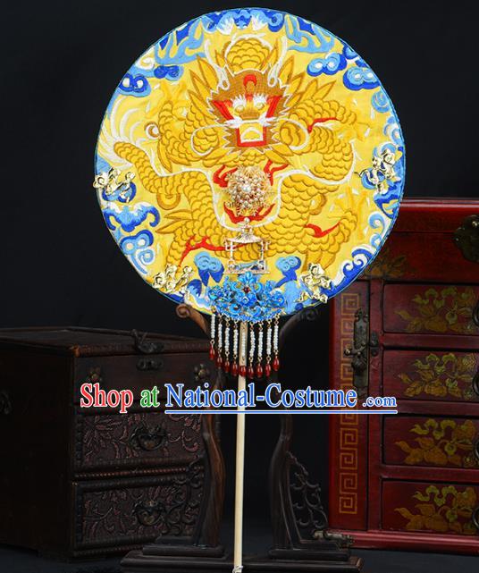 Traditional Chinese Handmade Golden Dragon Round Fans Ancient Hanfu Wedding Palace Fan for Women