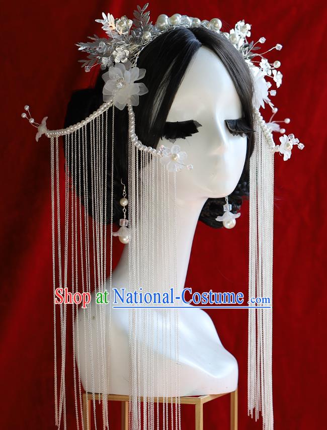 Traditional Chinese Wedding White Tassel Phoenix Coronet Hairpins Headdress Ancient Empress Hair Accessories for Women