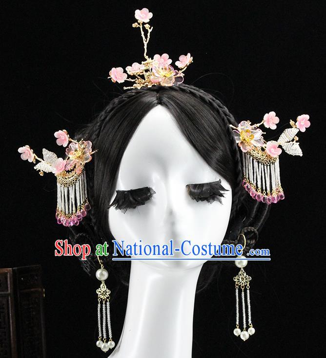 Traditional Chinese Wedding Pink Plum Hair Crown Hairpin Headdress Ancient Queen Hair Accessories for Women