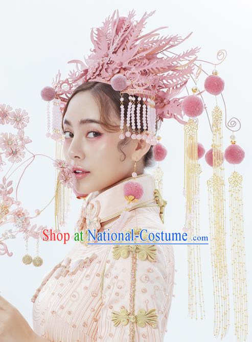 Traditional Chinese Wedding Pink Phoenix Coronet Headdress Ancient Bride Hair Accessories for Women