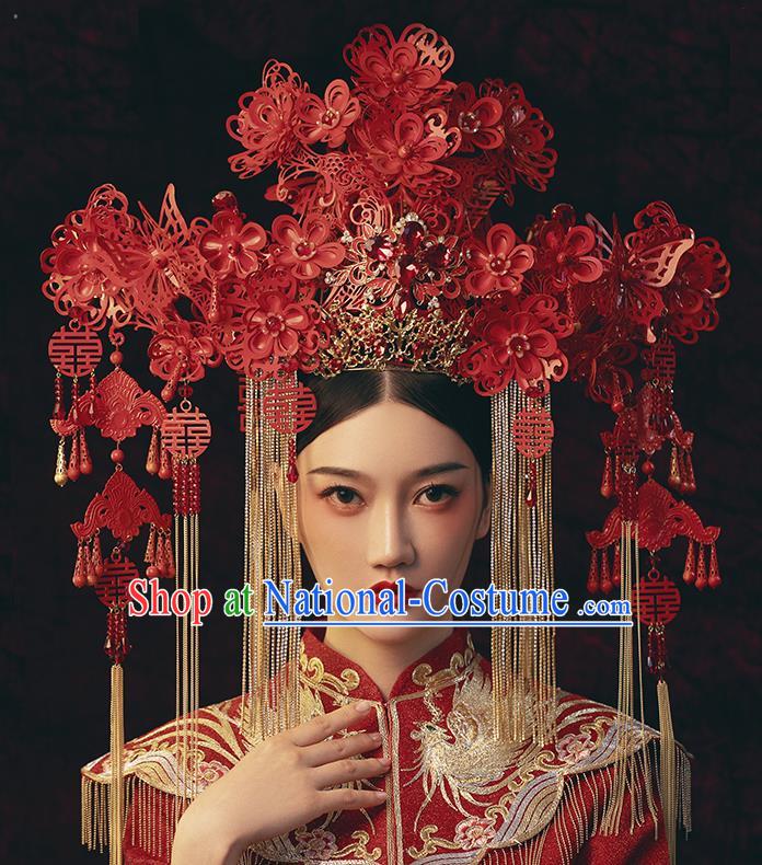 Traditional Chinese Wedding Red Flowers Phoenix Coronet Headdress Ancient Bride Hair Accessories for Women