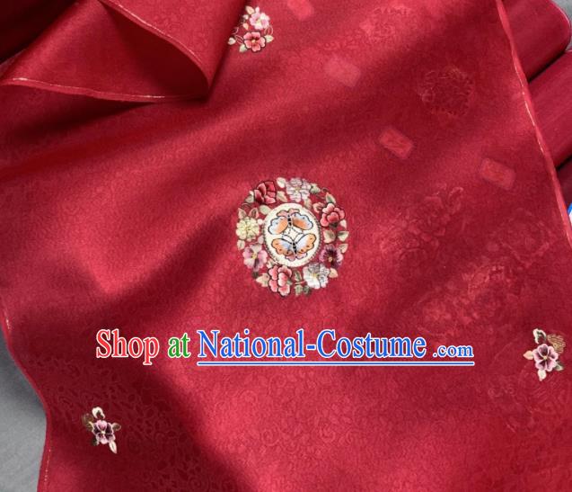 Chinese Traditional Classical Embroidered Butterfly Pattern Design Red Silk Fabric Asian Hanfu Material