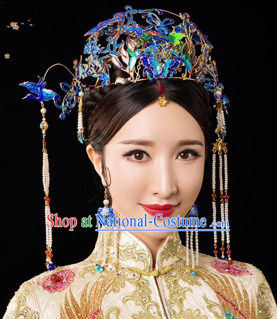 Traditional Chinese Bride Cloisonne Phoenix Coronet Headdress Ancient Wedding Hair Accessories for Women