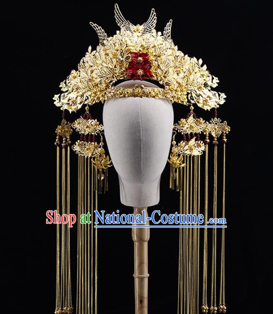 Traditional Chinese Bride Golden Leaf Phoenix Coronet Headdress Ancient Wedding Hair Accessories for Women