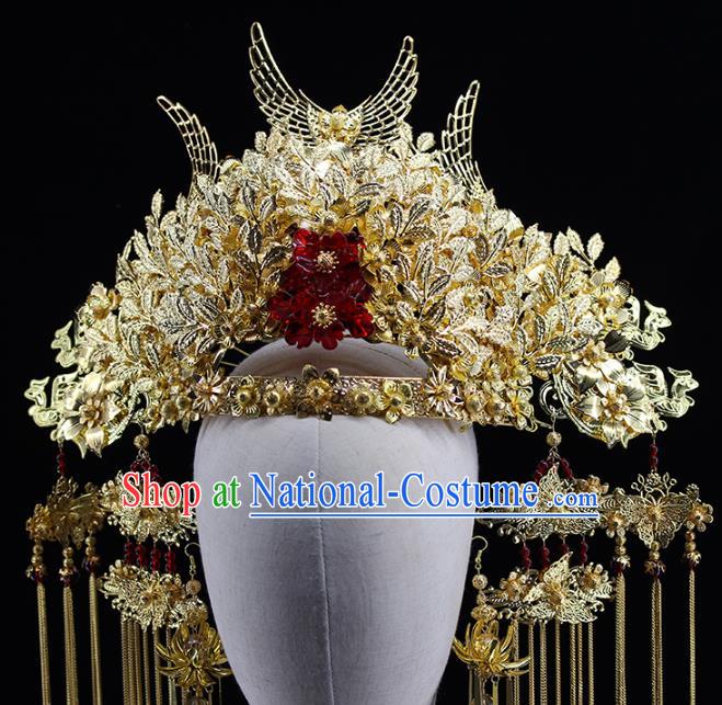 Traditional Chinese Bride Golden Leaf Phoenix Coronet Headdress Ancient Wedding Hair Accessories for Women