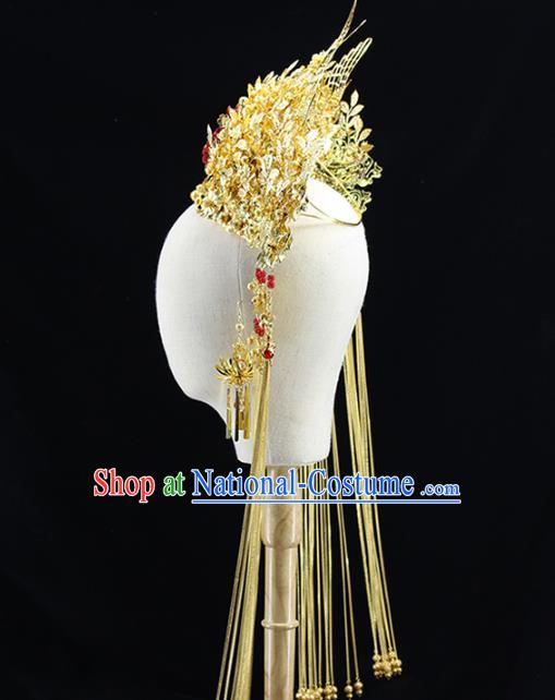 Traditional Chinese Bride Golden Leaf Phoenix Coronet Headdress Ancient Wedding Hair Accessories for Women