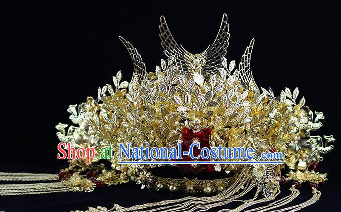 Traditional Chinese Bride Golden Leaf Phoenix Coronet Headdress Ancient Wedding Hair Accessories for Women