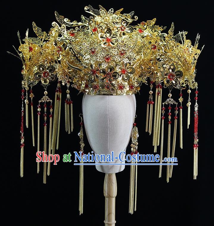 Traditional Chinese Bride Golden Luxury Phoenix Coronet Headdress Ancient Wedding Hair Accessories for Women