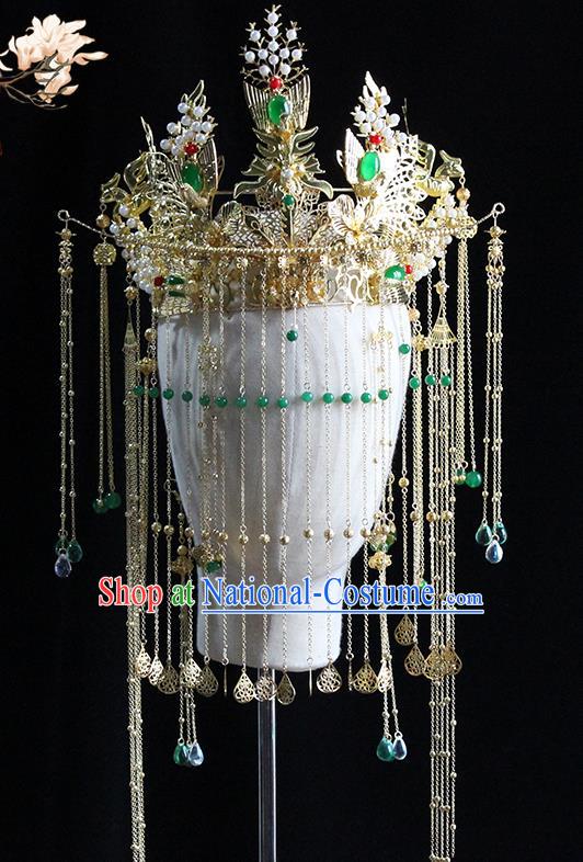 Traditional Chinese Bride Emerald Phoenix Coronet Headdress Ancient Wedding Hair Accessories for Women