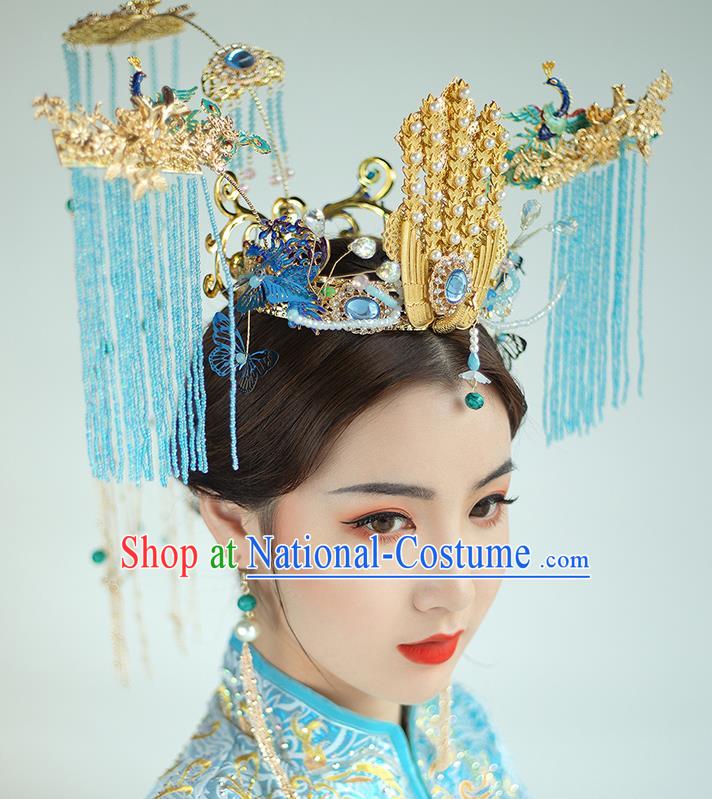 Traditional Chinese Bride Blue Tassel Phoenix Coronet Headdress Ancient Wedding Hair Accessories for Women